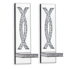 Crystal Crushed Diamond Mirrored Candle Sconces Wall Decor Set of 2 Silver Glass Mirror Wall Candle Holder Bling Wall Decorations for Home Decor Living Room Dining Room Bedroom