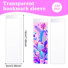 150Pcs Clear Bookmark Sleeves Plastic Bookmark Packaging 2.6 x 7.5Inch Blank Bookmark Holder with Hole, Large Photo Booth Sleeves for Wedding Valentine’S Party Favor Supplies