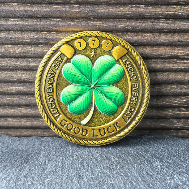 Good Luck Coin with Four Leaf Clover & Elephant Design