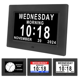 Johnziny 7'' Dementia Clocks with 12 Alarm Options, digital clock with date and day for elderly,Large Clear Digits,Auto-Dim, 4 Diaplay, Digital Calendar Day Clock for Seniors (White)