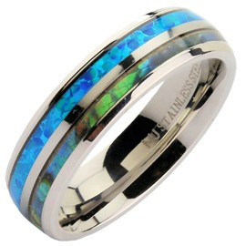 MJ Metals Jewelry Stainless Steel Polished 6mm Faux Opal Inlay and Abalone Inlay Ring Size 8