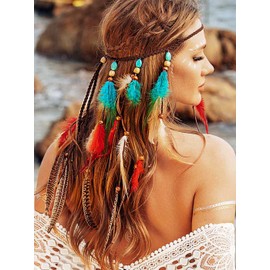 Boho Feather Headband Gypsy Headdress Bohemia Turquoise Headpiece Blue Hippie Headbands Hairband Adjust Headwear Feather Hair Accessories for Women and Girls (Type A)