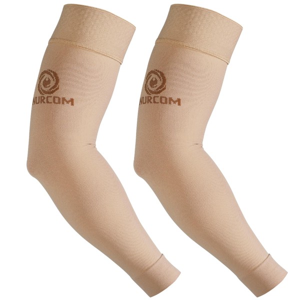 NURCOM® Medical Compression Arm Sleeve for Men Women, 2 Pack, No Silicone, Soft-In 20-30mmHg for Lymphedema, Lipedema, Pain Relief, Edema, Swelling, Post Surgery Recovery, Beige S