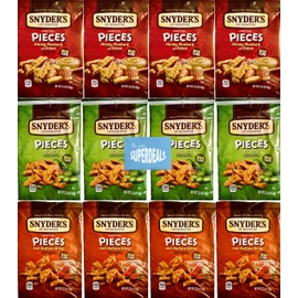 Snyder's of Hanover Pretzel Pieces, Variety 12 Pack bundled by SUPERDEALS 4 Honey Mustard and Onion, 4 Jalapeno, 4 Hot Buffalo Wing Pretzels, 2.25 Oz each bag, total 27 Ounces with mystery gift in every order