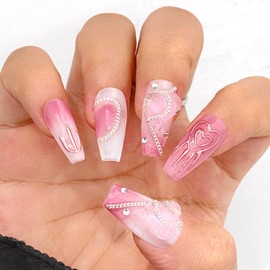 Sethexy Long Coffin Pink False Nails Handmade Rhinestone Glitter Fake Nails 3D Crystal Press On Nails Glossy Acrylic Stick On Nails for Women and Girls (F)