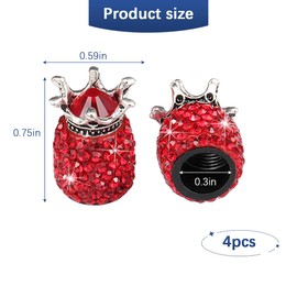 Sandfren Bling Crown Car Tire Valve Stem Caps, 4PCS Handmade Crystal Rhinestone Dustproof Vehicle Wheel Valve Covers, Attractive Zinc Alloy Auto Tire Accessories, Universal Fit (Red)