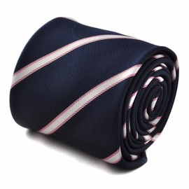 Frederick Thomas navy tie with white and pink striped tie with signature floral design to the rear