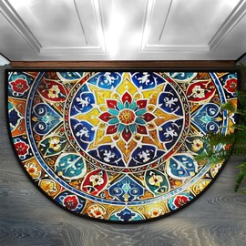 Half Round Doormat Bohemia Boho Colorful Ethnic Washable Semi Circle Area Rug Non Slip Absorbent Half Moon Rug for Indoor Outdoor Bathroom Kitchen Patio Front Welcome Fireplace Hearth Floor Mat