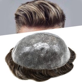 Toupee for Men Real Human Hair Piece Replacement Systems Durable Full Poly Skin Mens Toupee Hairpiece Hair System for Men Protesis Capilar Para Hombre330# 3# Dark Brown+30% Grey8''x10''