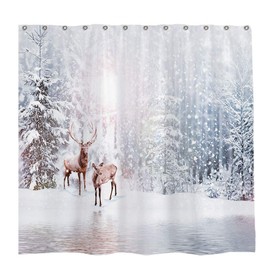 Allenjoy 72x72 inch Winter Theme Merry Christmas Shower Curtain Set with 12 Hooks Nature Forest Snowy Scenery Deer Bathroom Curtain Durable Waterproof Fabric Bathtub Sets Home Decor