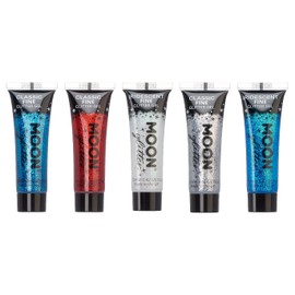 Fine Face & Body Glitter Gel by Moon Glitter - Jubilee Union Jack Queen Set of 5 Colours - Cosmetic Festival Glitter Face Paint for Face, Body, Hair, Nails - 12ml