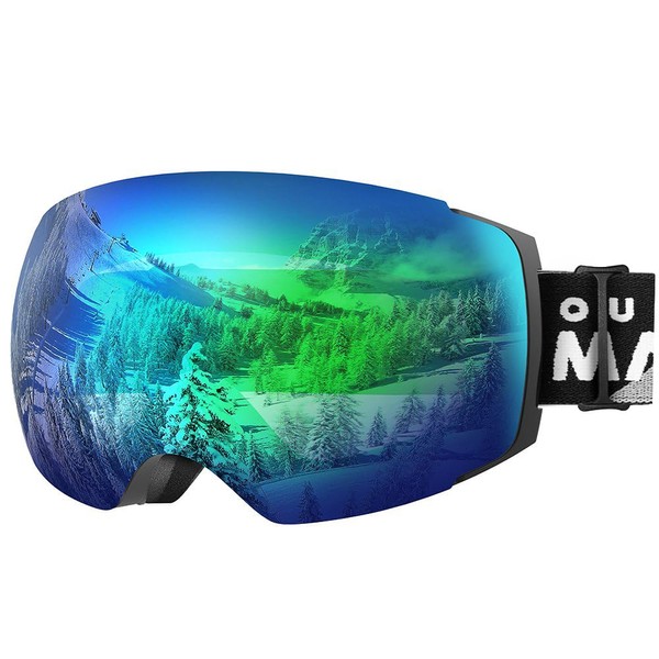 OutdoorMaster Ski Goggles PRO - Frameless, Interchangeable Lens Snow Goggles for Men & Women - 100% UV Protection ( Black Frame VLT 18% Grey Len with Full REVO Green and Free Protective Case )
