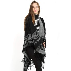 Superora Damen Poncho Cape Umhängetuch Stola Strick-Pullover Karierte Deckenschal Sweatshirt Schal mit Fransen,Schwarz