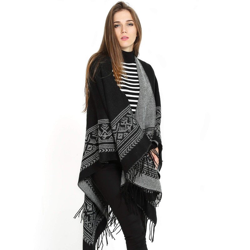 Superora Damen Poncho Cape Umhängetuch Stola Strick-Pullover Karierte Deckenschal Sweatshirt