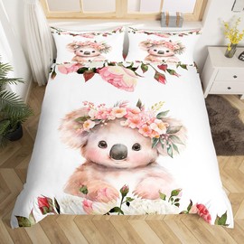 Feelyou Cute Koala Bedding Set Full Size Kids Cartoon Animal Comforter Cover Set for Boys Girls Teens Flower Floral Print Duvet Cover Farm Zoo Garden Theme Bedspread Cover (No Comforter)