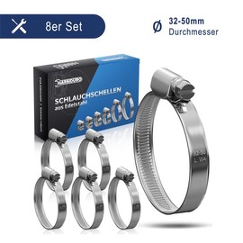 GARSIDURO® Professional Hose Clamps, 32-50 mm, Made of Stainless Steel in W4 Quality, Pack of 8, 9 mm Bandwidth - High Quality Set of Rustproof, V2A Hose Clamps for Pools, Sand Filter Systems, Ponds, Gardens