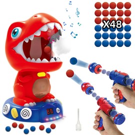 HIULLEN Movable Dinosaur Shooting Toy, Dinosaur Shooting Toy for Kids with Spraying 2 Pump Guns 48 Foam Balls LED Score Record, Electronic Target Practice Toy, Boys Girls Christmas Birthday Gift