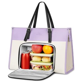 MATEIN Work Tote with Lunch Compartment, PU Leather 15.6 Inch Laptop Lunch Bags, Lightweight Lunch Purse Women with Laptop Compartment for Travel, Picnic, Ladies Gift, Light Purple