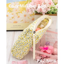 PAZIMIIK Quilted Makeup Bag Large Travel Zipper Soft Cosmetic Pouch for Women Girls Make Up,Floral Yellow