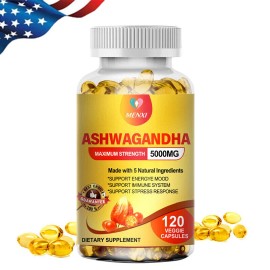 Organic Ashwagandha Capsules 5000mg – Extra Strength Herbal Supplement for Stress Relief, Adrenal Support, and Mood Balance – Natural Energy & Immune Support – 120 Vegan Capsules