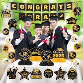 JOYHAPISTAR Graduation Decorations 2025 Black and Gold- Backdrop Banner Hanging Swirls Centerpieces Balloons - Black Gold Class of 2025 Graduation Decors for High School College Grad Celebrations