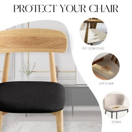 MOSAYT Waterproof Chair Seat Covers for Dining Room Set of 4 with Elastic Buckles,Stretch Diamond Removable Washable Cushion Slipcovers for Kitchen,Black