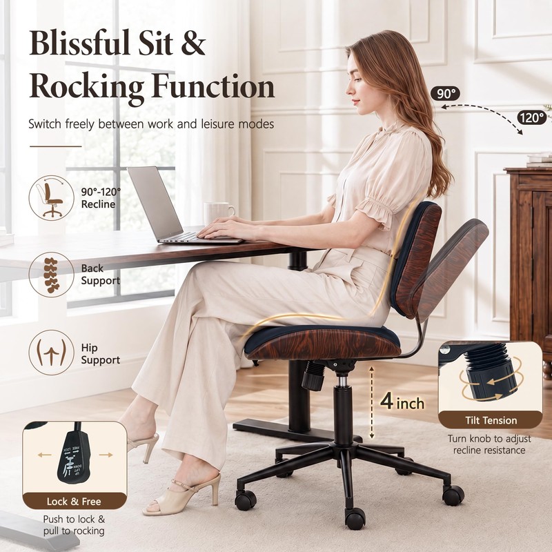 Armless Office Chair, Small Comfy Leather Desk Chair with Wheels