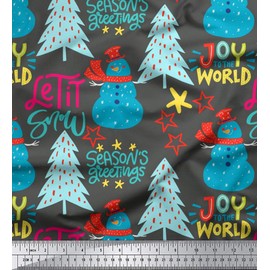 Soimoi Gray Viscose Chiffon Fabric Snowman & Tree Christmas Print Fabric by The Yard 42 Inch Wide