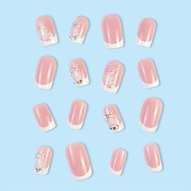 French Tip Press on Nails Short Square Fake Nails Pink Full Cover Acrylic False Nails with Rose Flower&Rhinestones Designs Cute Glue on Nails Gloss Artificial Stick on Nails for Women
