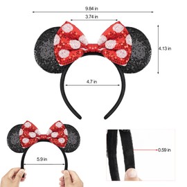 YUNISS 2 PCS Mouse Ears, Shiny Red Sequin Bow Mouse Ears Headbands for Adult Women Girls Christmas Birthday Party(polka dot bow)