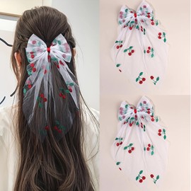 2PCS Large Hair Bows Clips Veils for Women and Girls Cherry Big Bow Clips Hair Ribbons Oversized Long Tail Transparent Cherry Bowknot Ponytail Holder Hairpin Fruit Hair Accessories