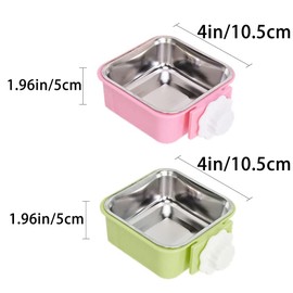 Crate Dog Bowl,Removable Stainless Steel Water Food Feeder Bowls Crate Coop Cup,Pet Cage Bowls with Bolt Holder for Cat, Puppy, Birds, Rats, Rabbits Small Animals ((Green+Pink) Square, Samll)