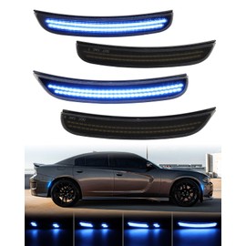 Dynamic Blue LED Side Marker Light for Dodge Charger 2015 2016 2017 2018 2019 2020 2021 2022 2023 Smoked Len LED Front Rear Blue Bumper Fender Lamps, Pack of 4