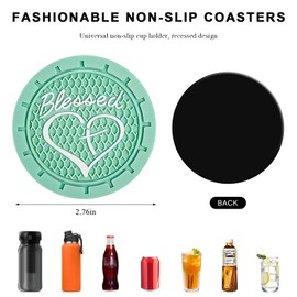MUQIDA 2 PCS Car Cup Holder Coaster, 2.76 Inch Soft PVC Non-Slip Blessed Cross and Heart Christian Car Cup Coasters, Auto Interior Shockproof Insert Drink Mat for Most Vehicles (Green)
