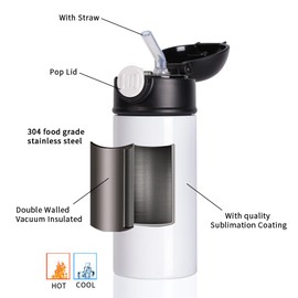 PYD Life 8 Pack Sublimation Kids Water Bottles Blanks 12 OZ Straight Skinny Kids Tumbler Sippy Up Cup with Pop Mixed Color Lid for Tumbler Heat Press Sublimation Oven Printing