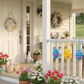 Easter Wreath Door Sign with 8 Easter Egg Ornaments, 28x28cm Happy Easter Wooden Hanging Sign, Colorful Easter Decorations for Front Door, Porch, Wall, Home & Easter Party Supplies
