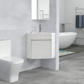 walsport 16" Corner Bathroom Vanity Floating Single Sink Combo for Small Space Wall Mounted Cabinet Set Design Resin Basin Sink Top Chrome Faucet and Drain,White