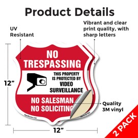 No Trespassing Sign This Property Is Protected By Video Surveillance No Salesman No Soliciting (2 Pack) 12 inch X 12 inch Shield Shaped Heavy Duty 3.2 mil Vinyl Decals Weather Resistant Made in the