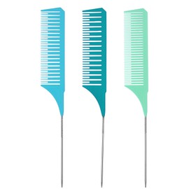 3Pack Highlighting Comb, Hair Teasing Parting Comb Weaving Combs for Highlighting with Long Stainless Steel Rat Tail for Hair Stylist Salon Barbershop Home(Green, Blue, Light Blue)