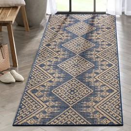 Well Woven Cascade Blue Indoor/Outdoor Flat Weave Pile Diamond Medallion Runner Rug 2'7" x 9'10"