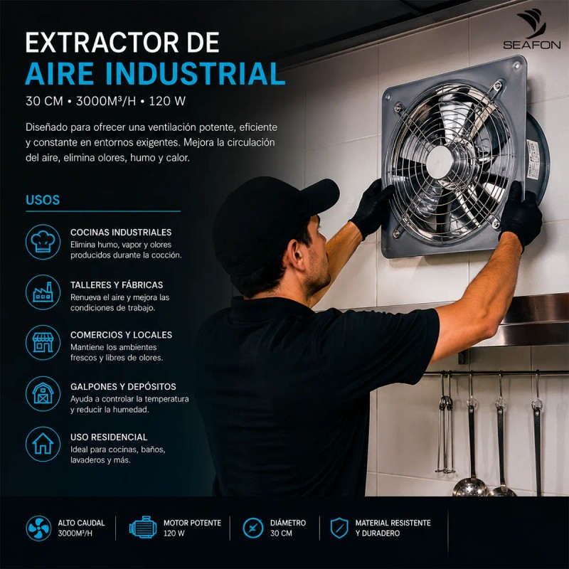 Extractor De Aire Industrial Para Cocina 30cm 3000m3/h 120w