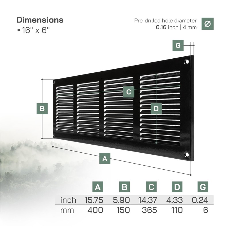 Vent Systems 16" x 6" Inch (Overall Dimensions) - Black