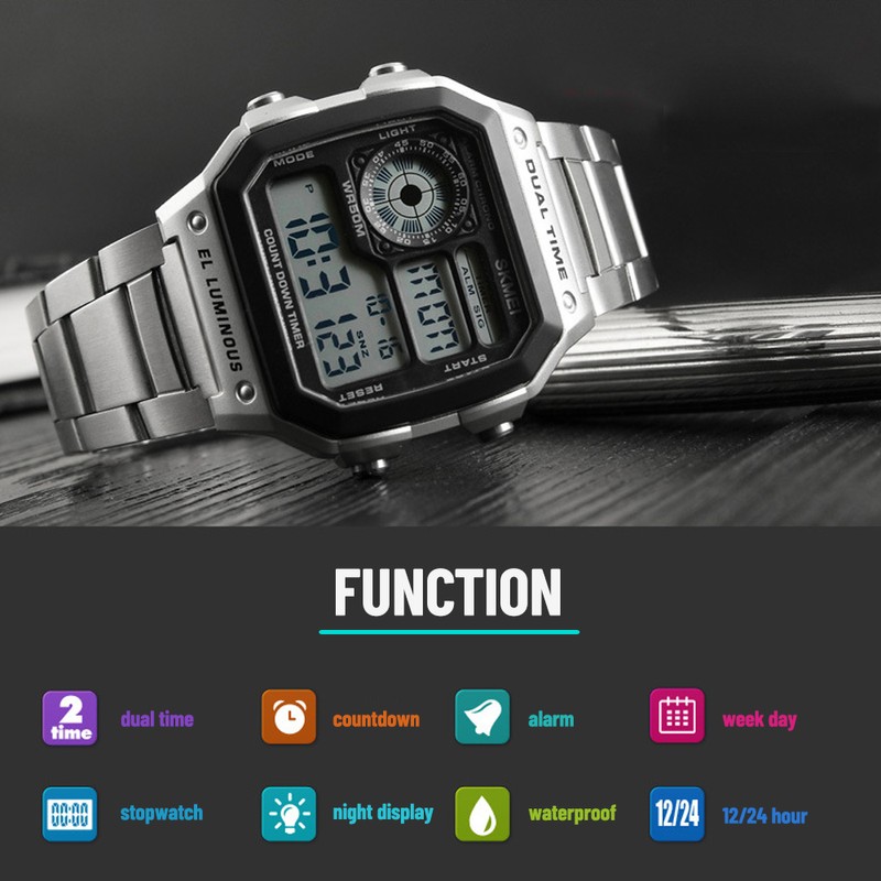 Men Digital Watch Stopwatch Countdown Alarm Luminous Watch