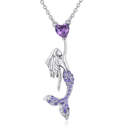 BETHZA Mermaid Necklace with Amethyst Sterling Silver Little Mermaid Necklace with Genuine Heart Amethyst for Girls Beach Jewelry Gift for Women Birthday Present, Amethyst