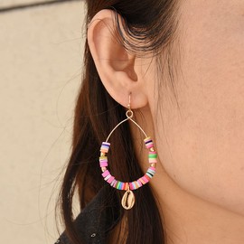 Jumwrit Bohemian Heishi Earrings Rainbow Hoop Dangle Earrings Vinyl Disc Bead Earrings Colorful Polymer Clay Earrings for Women Girls Star Moon Shell Pendant Earrings Summer Beach Accessories(Gold)