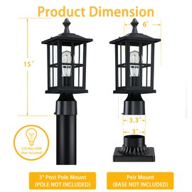 SNRU 3 Inch Post Lights Outdoor Hard Wired 2Pack, Waterproof Outside Lamp Posts Outdoor Lighting Fixtures Pier Mount, Electric Black Aluminum Pillar Lights for Gate Patio Garden, Bulb Not Included