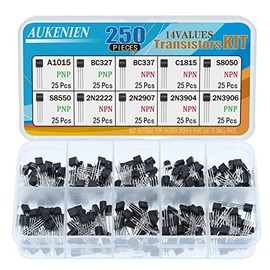 AUKENIEN BJT Transistor Assortment Kit 10 Values 250pcs NPN PNP Power General Transistors 2N2222 2N2907 2N3904 2N3906 A1015 BC327 BC337 C1815 S8050 S8550 TO-92