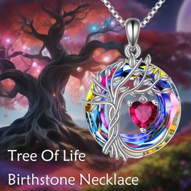 POPLYKE Tree of life Birthstone Necklace for Women Sterling Silver Tree Jewelry Ruby Pendant July Birthstone Gemstone Anniversary Birthday