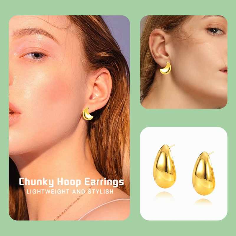 Chunky Hoop Earrings for Women 18K Real Gold Plated Lightweight