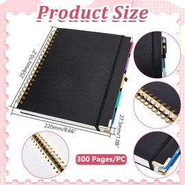 WADORN Hardcover Spiral Notebook Journal with Removable Dividers Tabs, 300Pages 8.5x10Inch Black Subject Notebook College Ruled Spiral Large Lined B5 Leather Notebooks for Women Men Work School, Black